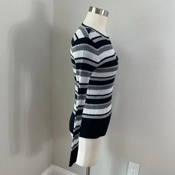 Frame Womens Small Metallic Striped Crewneck Ribbed Sweater Knit Top Stretch - Picture 3 of 10